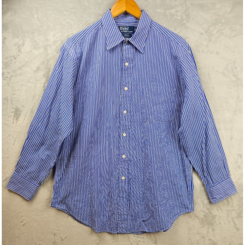 Polo Ralph Lauren Shirt Mens Large 16.5 Blue White Striped Pony Casual‎ Retro